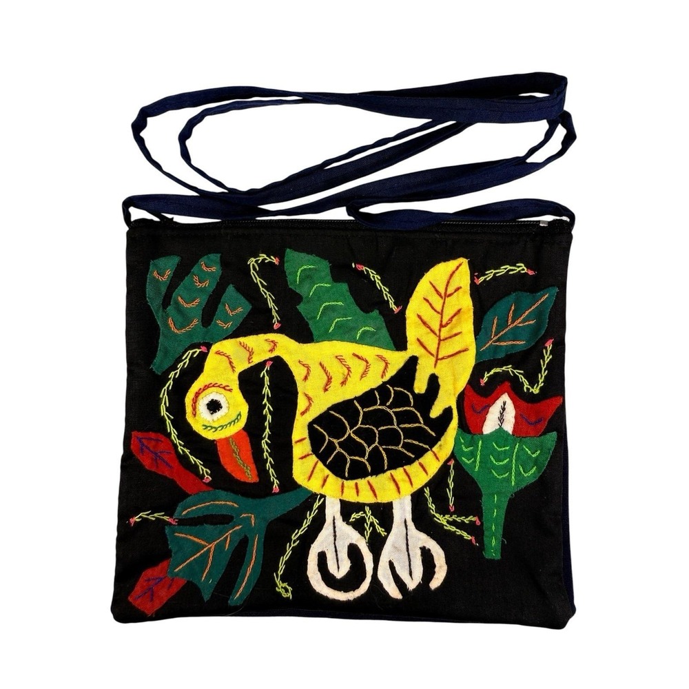 Vintage 1990s Cloth Purse Hand Appliqued Bird Double Pockets Zippered Boho 6.5"